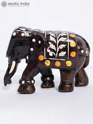 7" Handcrafted Elephant With Inlay Work | Handmade Rosewood Figurine