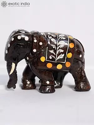 6" Elephant Sculpture With Inlay Work | Handmade Rosewood Figurine