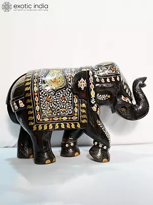 23" Royal Elephant Sculpture With Attractive Inlay Work | Handmade Rosewood Figurine