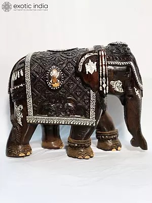 24" Royal Elephant With Beautiful Carving And Inlay Work | Handmade Rosewood Figurine