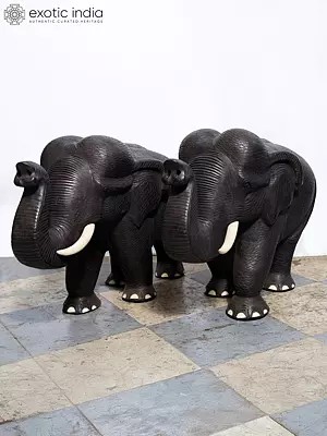 27" Wood Statue Of Elephant - Set Of 2 | Handmade Rosewood Figurine