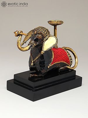 8" Brass Elephant with Candle Stand on Wood Base | Dhokra Art | Table Decor