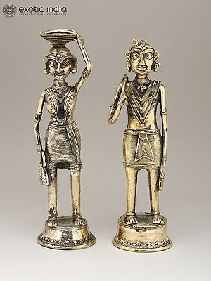 13" Working Tribal Man and Woman (Pair) | Dhokra Art | Decorative Brass Statues