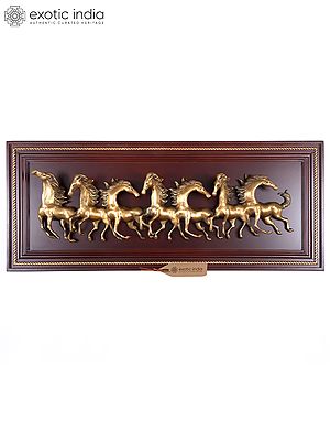 64" Large Wood Framed Brass Seven Running Horses | Wall Hanging | Home Decor
