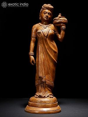 14" Nair Lady Carrying Puja Thali with Bananas  | Wood Carved Statue
