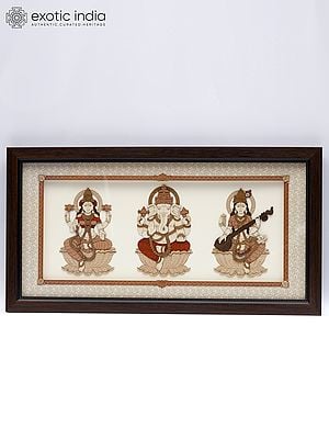 Lakshmi Ganesha Saraswati | Wood Carved Frame | Wall Hanging