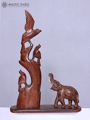 18" Roaring Elephant And Birds Wooden Sculpture | Home Décor Figurine