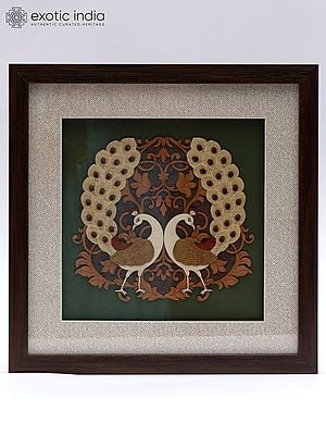 Pair of Peacocks with Beautiful Long Tail | Wood Carved Frame | Wall Hanging