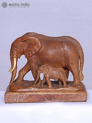 7" Wooden Elephant With Baby | Wood Carving | Table Décor