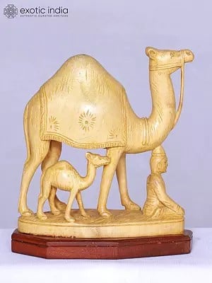 7" Camel With Kid & Man Wooden Figurine | Wood Carving | Decorative Sculpture