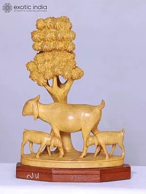 8" Walking Goat With Kid Wooden Figurine | Handmade Animal Statue | Decorative Sculpture