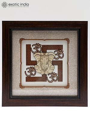 Blessing Lord Ganesha with Auspicious Hindu Symbols | Wood Carved Frame | Wall Hanging