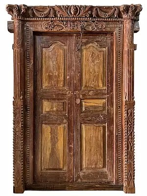 86" Large Traditional Hand Flower Carved Old Teak Wood Door