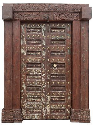 86" Large Traditional Flower Carved Teak wood Door With Knock