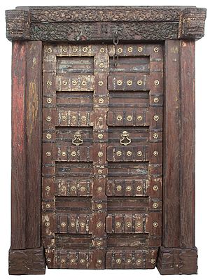 81" Large Vintage Style Flower Carved Teak Wood Door With Knock