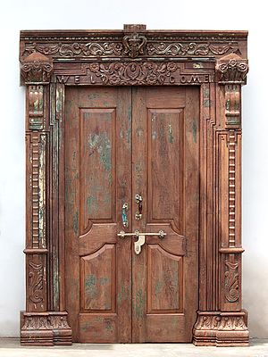 92" Large Flower Carved Teak Wood Indian Door