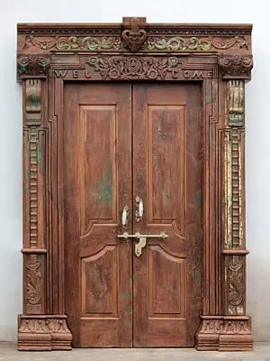 92" Large Old Traditional Flower Carved Teak Wood Indian Door