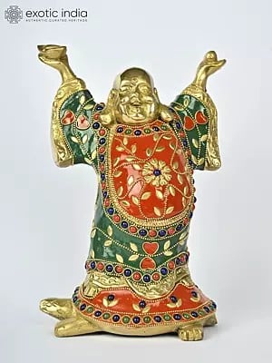 8" Laughing Buddha Standing on Tortoise | Brass Statue with Inlay Work