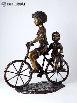 23" Girl Taking Her Younger Sister to School on Bicycle | Decorative Brass Statue | Home Decor