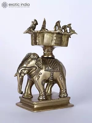 6" Small Elephant Statue with Birds Urli on Top | Brass Statue