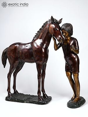 51" Girl Caressing Her Horse | Large Size Brass Statues