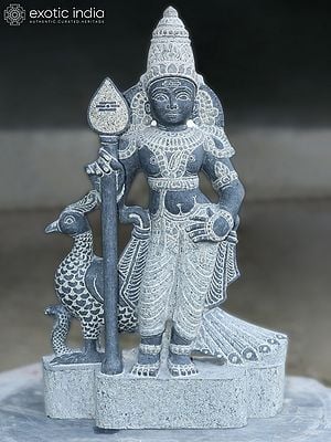 21" Standing Lord Murugan With His Vel And Vahana | Black Granite Stone Figurine