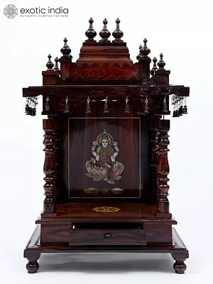 34" Designer Puja Temple in Wood with Goddess Lakshmi Inlay