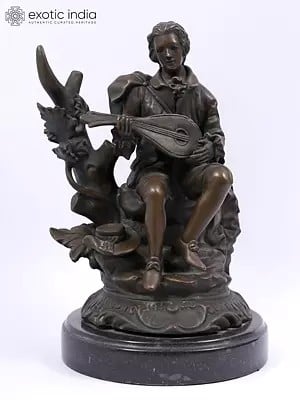 10" Young Man Playing Guitar | Renaissance Bronze Sculpture on Marble Base | Table Decor