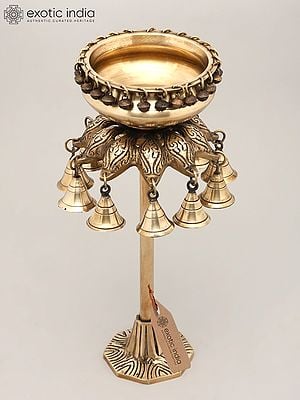 16" Designer Standing Brass Urli with Bells | Home Decor