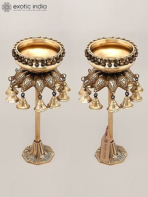 16" Pair of Designer Brass Urli with Dangling Bells | Home Decor