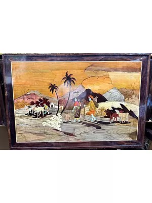 36" Elephant Family Under the Trees | Rosewood Panel Painting