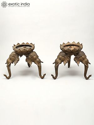 14" Pair of Elephant Design Urli Stands | Madhuchista Vidhana (Lost-Wax) | Panchaloha Bronze from Swamimalai
