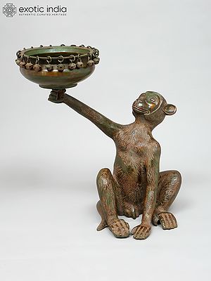 14" Decorative Brass Monkey Holding Urli | Table Decor