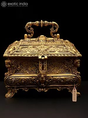 9" Stylish Brass Jewelry Box with Handle | Handmade | Made In India