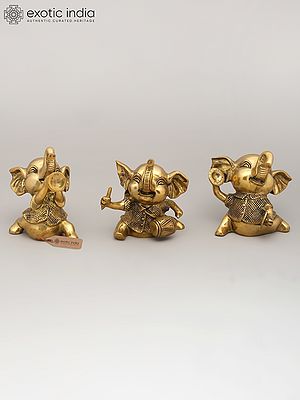 7" Joyful Musical Baby Elephant Trio | Set of Three Brass Statues | Home Decor