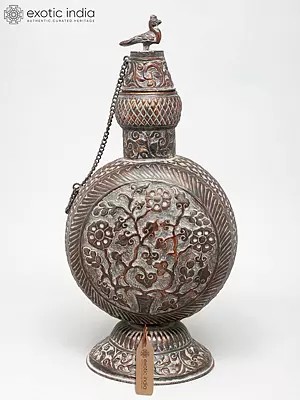 17" Ornate Brass Vessel - Handcrafted Floral Design with Bird Accent