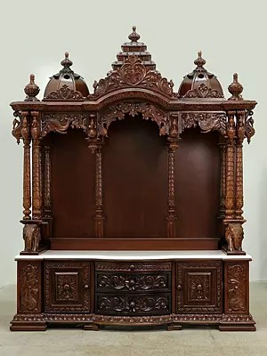 65" Large Handcrafted Wooden Temple | Wooden Pooja Mandir with Drawers