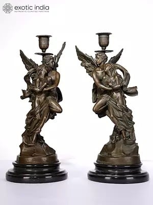 14" Pair of Greek Eros And Psyche Romantic Candle Holders | Bronze Sculptures on Marble Base | Table Decor