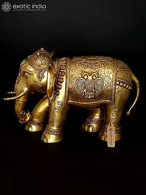 24" Majestic Elephant with Beautiful Carvings | Home Decor | Brass Statue
