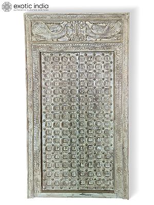 85" Large Vintage Style Attractive Hand Carved Peacock Design Wood Door