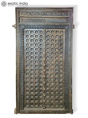 94" Vintage Style Large Floral Hand Carved Main Wood Door
