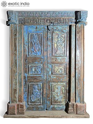 87" Vintage Style Lord Krishna Hand Carved Wood Door