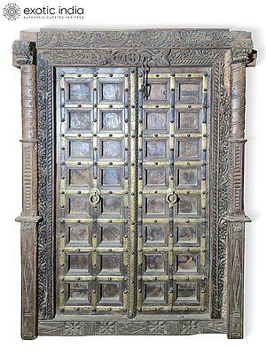 78" Floral Hand Carved And Block Design Wood Door With Vintage Style Knock