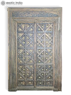 94" Large Vintage Style Floral Hand Carved Indian Wood Door