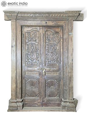 84" Hand Carved Vintage Style Wood Door With Frame