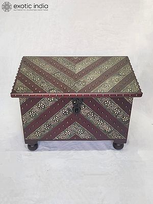 15" Decorative Brass And Metal Floral Design Wooden Jewelry Box