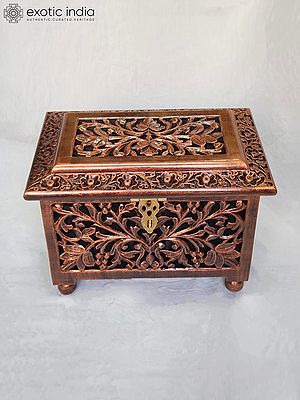15" Vintage Hand Carved Floral Patterns Wooden Jewelry Box