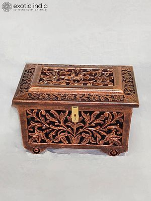 18" Hand Carved Floral Pattern Metallic Wooden Jewelry Box