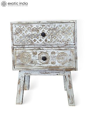 27" Vintage Double Drawers Mango Wood With White Finishing Cabinet