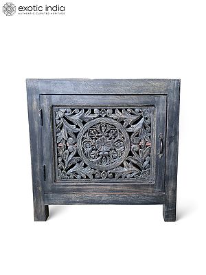 24" Vintage Look Hand Carved Wooden Single Door Cabinet For Home